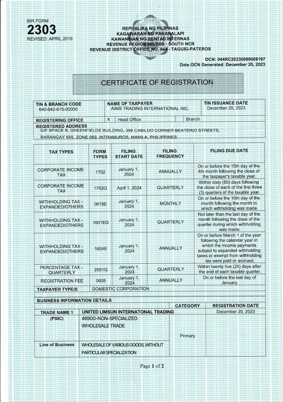 BIR Certificate of Registration