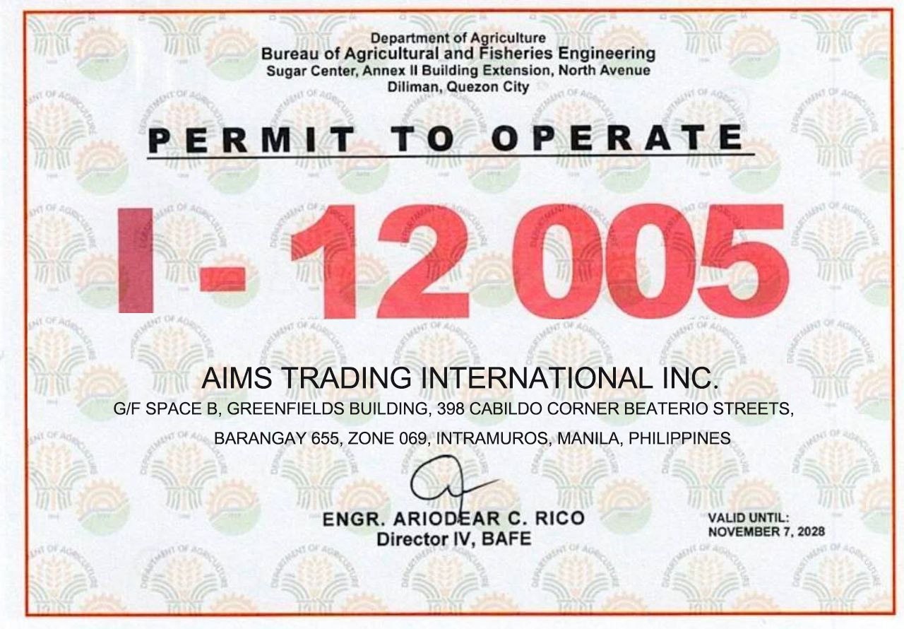 Department of Agriculture – BAFE Permit to Operate